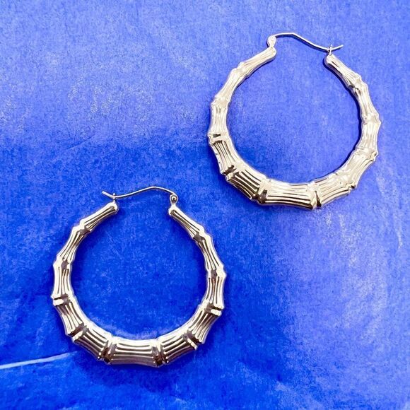 14k Gold Polished Bamboo Hoop Earrings - Picture 5 of 14